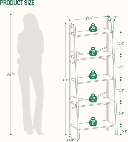 Ladder Shelf, Bookshelf Bookcase, Freestanding Corner Storage Shelve with 2 Hooks for Home Office, Living Room, Kitchen, Bedroom, Industrial, 11.8" D x 23.6" W x 63" H, Greige BC19305B