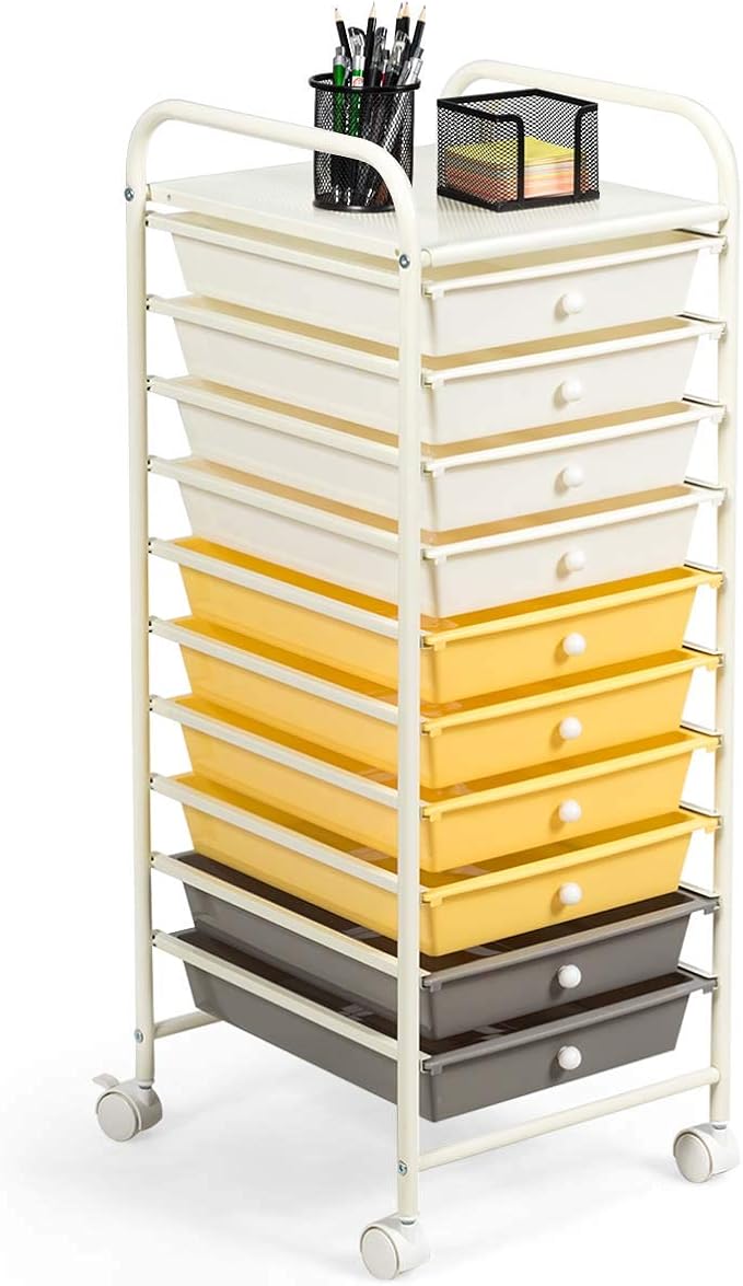 RELAX4LIFE 10 Drawer Rolling Cart, Slim Storage Cart w/Lockable Wheels for Classroom School Teacher Office, Art Supplies Paper Scrapbook Craft Organizers, Utility Cart with Drawers (Yellow)