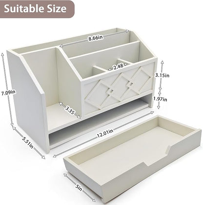 White Wooden Mail Organizer with Drawer, Three Tiered Desk Accessories for Office Organization and Storage, Stylish Countertop Document Storage, Home/Office/Classroom Supplies (White01)
