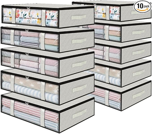 StorageRight Under Bed Storage Bags 10 Pack, 40L Large Clothes & Comforter Storage Containers with Clear Window, Breathable Fabric Organizer for Blankets, Bedding, Seasonal Clothing, White
