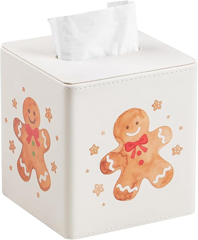 JLAMBOM PU Leather Tissue Box Cover Square Tissue Box Holder with Magnetic Closure, Decorative Tissue Holder for Bathroom Bedroom Office (Gingerbread Man)