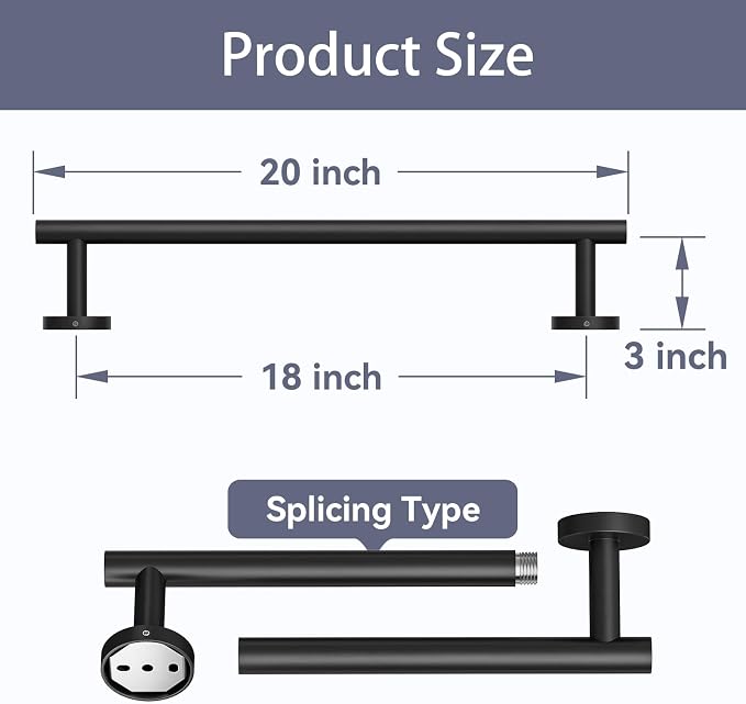 Matte Black Towel Bar 18 Inch, Thicken Bathroom Towel Rack, Towel Holder Wall Mounted, SUS304 Stainless Steel Towel Rod, Modern Home Decor