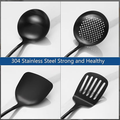 304 Stainless Steel Kitchen Utensils Set, 4 Pcs Long Cooking Utensils Set with Wooden Handle, Large Heat Resistant Kitchen Tools(Black, Dishwasher Safe)