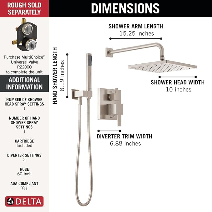 Delta Modern 14 Series Square Rain Shower System Faucet Set, Rainfall Brushed Nickel Shower Head and Handle Set, Valve Trim Kit, 10 Inch, Spotshield Stainless T342701-SP (Valve Not Included)