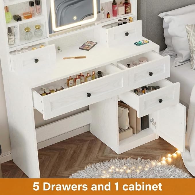 IRONCK Vanity Desk with LED Lighted Mirror, Large Storage Makeup Vanity Table with 5 Drawers, Cabinet, 7 Open Shelves, Power Outlet, Storage Stool, Bedroom, White