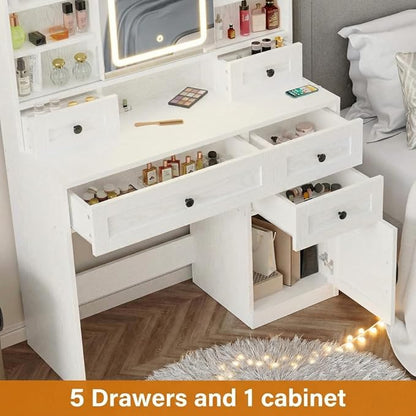 IRONCK Vanity Desk with LED Lighted Mirror, Large Storage Makeup Vanity Table with 5 Drawers, Cabinet, 7 Open Shelves, Power Outlet, Storage Stool, Bedroom, White