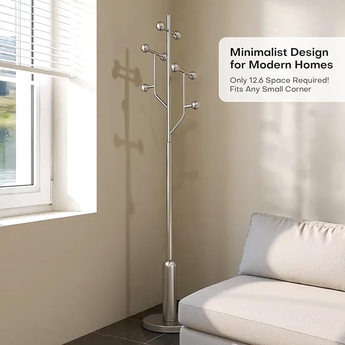 Coat Rack Freestanding with Stainless Steel Marble Base, 8 Ball-shaped Hooks, Heavy-Duty Standing Coat Rack, Coat Hanger Stand for Bedroom Entryway Hallway, Hat, Bags, Long Dresses, Silver
