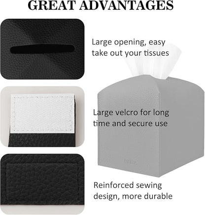 Tissue Box Cover Holder Square Tissue Cube Cover PU Leather Tissue Organizer with Bottom Belt for Bathroom, Tabletop, Car, Night Stands, Office, Home, Kitchen (2, Black)
