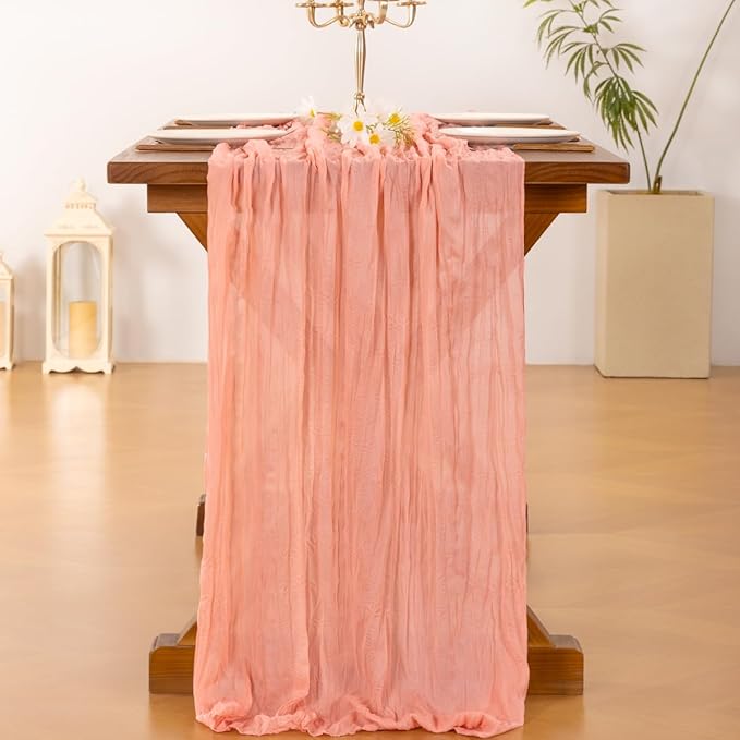 Socomi Coral Peach Valentine's Day Cheesecloth Table Runner Boho Rustic Gauze 120 inch 10FT Cheese Cloth Runner for Wedding Party Baby Shower Birthday Home Decor Holiday Decorations