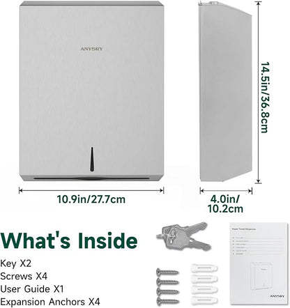 Commercial Paper Towel Dispenser Wall Mount 400-Sheet Capacity Brushed Stainless Steel Lockable Fits Multifold/Z-Fold Towels (Folded Size ≤ 10.6" x 3.9")