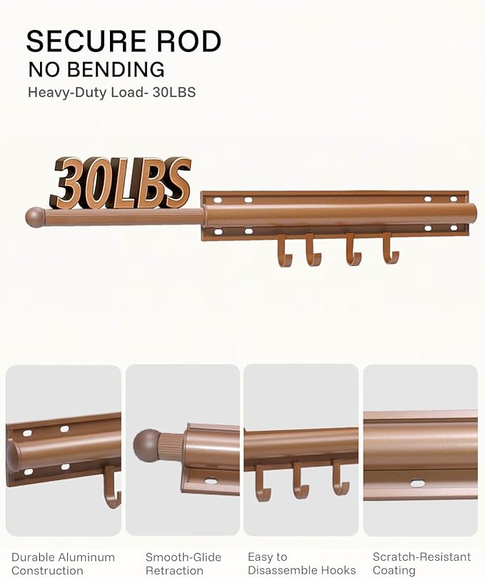 12 inch Valet Rod for Closet Pull Out, Closet Valet Rod Slide Out Pull Out Clothes Hanger With 4 Hooks Closet Organization and Storage (Brown gold)
