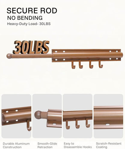 12 inch Valet Rod for Closet Pull Out, Closet Valet Rod Slide Out Pull Out Clothes Hanger With 4 Hooks Closet Organization and Storage (Brown gold)