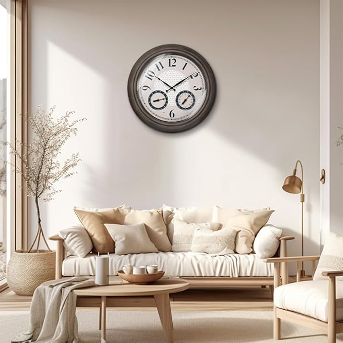 Presentime & Co. 18 Inch Illuminated Outdoor Clock, Waterproof Lighted Large Wall Clock with Thermometer & Hygrometer, Elegant & Vintage Home Decor for Garden, Patio, Pool, Grey Oak Finish