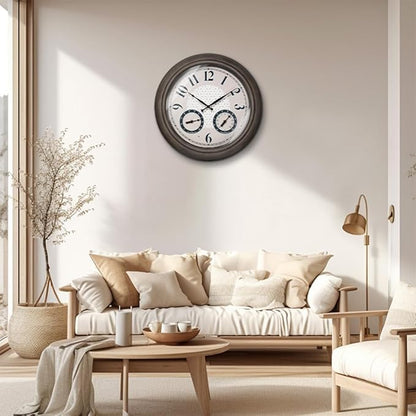 Presentime & Co. 18 Inch Illuminated Outdoor Clock, Waterproof Lighted Large Wall Clock with Thermometer & Hygrometer, Elegant & Vintage Home Decor for Garden, Patio, Pool, Grey Oak Finish