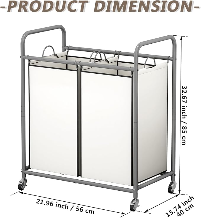 SUOERNUO Laundry Sorter Basket 2 Bag Laundry Hamper Cart with Rolling Removable Bags Laundry Organizer Cart for Clothes Storage, Beige (2 Bags, Beige)