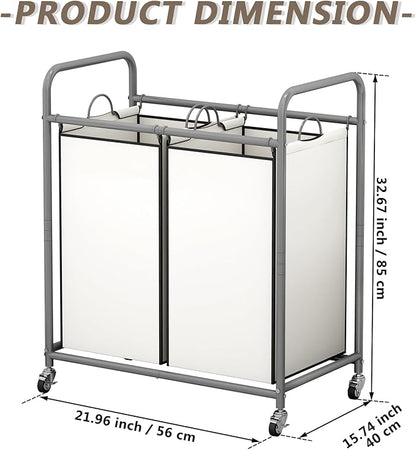 SUOERNUO Laundry Sorter Basket 2 Bag Laundry Hamper Cart with Rolling Removable Bags Laundry Organizer Cart for Clothes Storage, Beige (2 Bags, Beige)