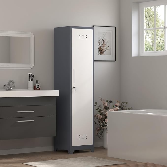Narrow Storage Cabinet,Metal Slim Cabinet with Shelves,Utility Storage Cabinet with Hanging Rod,Tall Bathroom Storage Cabinets with Locking Door for Office, Gym, Garage,Grey