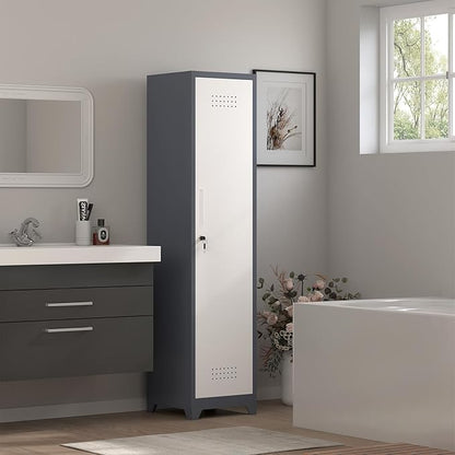 Narrow Storage Cabinet,Metal Slim Cabinet with Shelves,Utility Storage Cabinet with Hanging Rod,Tall Bathroom Storage Cabinets with Locking Door for Office, Gym, Garage,Grey