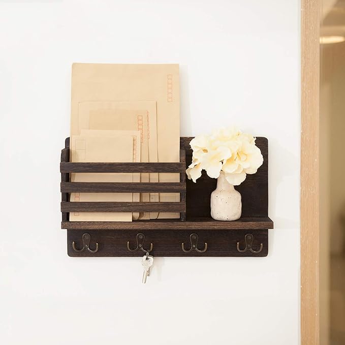 Dahey Wall Mounted Mail Holder Wooden Key Holder Rack Mail Sorter Organizer with 4 Double Key Hooks and A Floating Shelf Farmhouse Rustic Home Decor for Entryway or Mudroom,15.7"W x9.3"Hx3.2"D, Brown