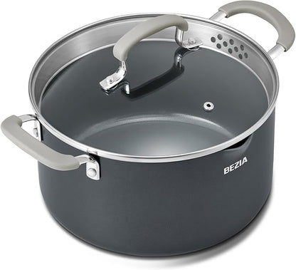 6 Quart Nonstick Stock Pot with Lid, BEZIA PFAS-Free Ceramic Soup Pot, Multipurpose Pasta Pot with Strainer Lid, Induction Cooking Pot, Silicone Handle, Compatible with All Cooktops, Dishwasher Safe