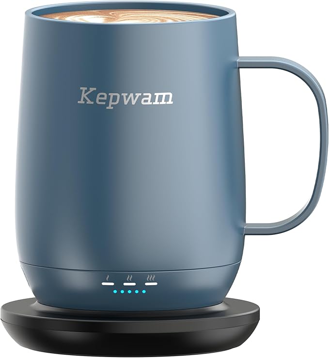 Kepwam Self Heating Coffee Mug T2, 16oz Smart Heated Coffee Mug, 150 Min Battery Life - Hot up to 149℉ Temperature Control Coffee Mug Warmer, Gifts for Dad Mom (No APP)
