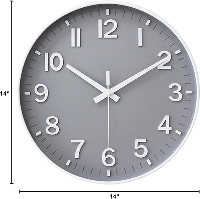 HZDHCLH Wall Clocks Battery Operated,Wall Clock Gray,14 inch Wall Clock Silent Non Ticking Modern 3D Numbers for Kitchen Bedroom Living Room Office Classroom Decor