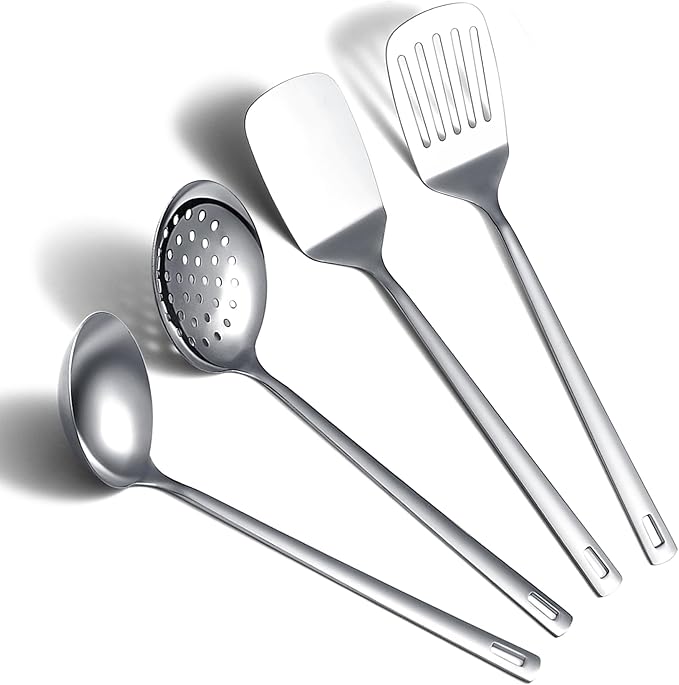 ReaNea Stainless Steel Kitchen Utensils Set, 4-Piece – Slotted Turner, Solid Turner, Skimmer & Ladle – Rust-Resistant, Long Handle, Hanging Loop, Dishwasher Safe – Everyday Cooking & Serving