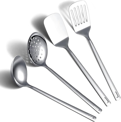 ReaNea Stainless Steel Kitchen Utensils Set, 4-Piece – Slotted Turner, Solid Turner, Skimmer & Ladle – Rust-Resistant, Long Handle, Hanging Loop, Dishwasher Safe – Everyday Cooking & Serving