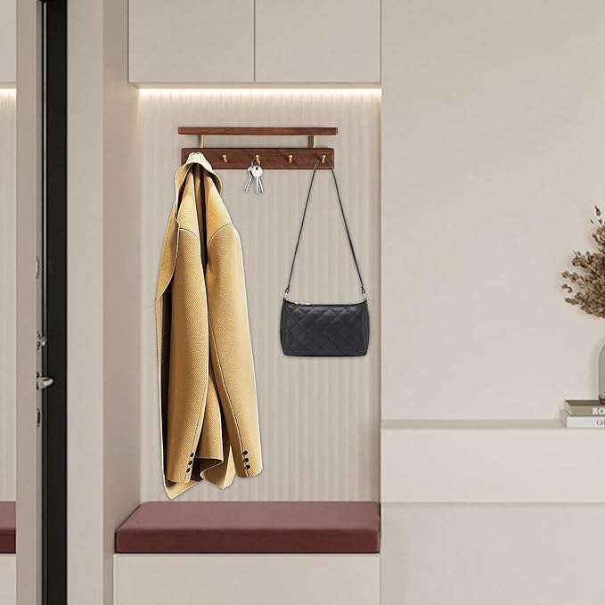 Solid Wood Shelf with Hooks, 15 inch Coat Rack Wall Mount, Shelves with 5 Brass Hooks for Hanging in Entryway, Living Room, Bathroom, Bedroom, Kitchen(Walnut)