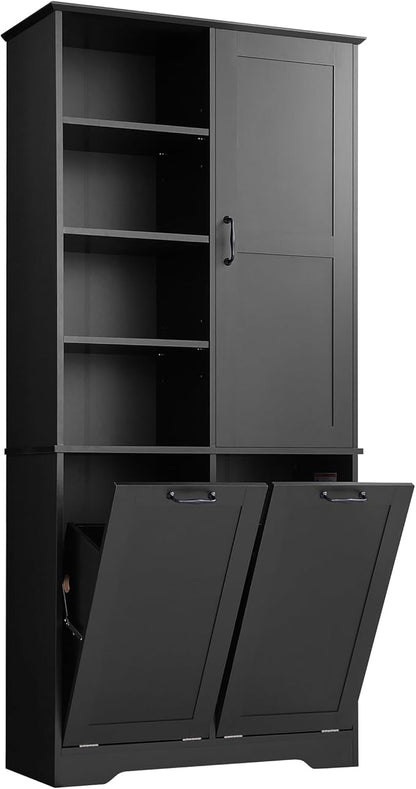 Tall Storage Cabinet with Door and Open Shelf, Multi-Functional Laundry Hamper Basket for Home Bathroom, Laundry Room, Black