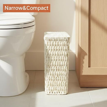 3 Gallon Paper Rope Bathroom Trash Can,Small Wicker Trash Cans with Lid and Liner,Woven Rattan Narrow Waste Basket for Bedroom,Office,White