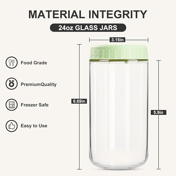 SHOWIN Overnight Oats Containers with Lids, 24oz Glass Jars with Lids 4 pcs, Light Green, Wide Mouth Mason jars for Salad, Yogurt, Snacks, Meal Prep