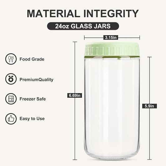 SHOWIN Overnight Oats Containers with Lids, 24oz Glass Jars with Lids 4 pcs, Light Green, Wide Mouth Mason jars for Salad, Yogurt, Snacks, Meal Prep