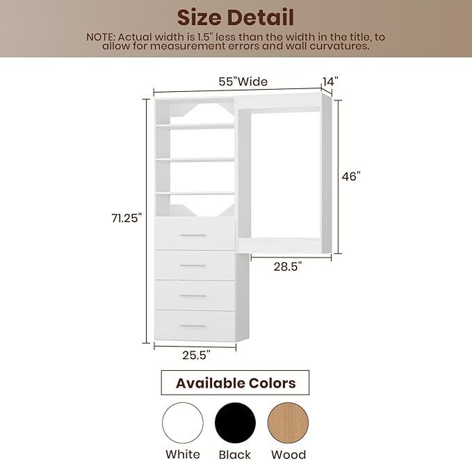 ROOMTEC Modular Closet System, 55" Wall-Mounted Closet Organizer with Drawers and Hanging Rods, Wooden Tower for Walk-In Closets, Wardrobe Storage Kit, White