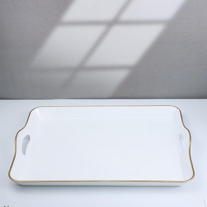 Spsyrine White Decorative Serving Tray with Handles, Elegant Plastic Coffee Table Tray for Ottoman, Living Room, Home Decor