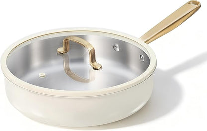 CAROTE 10" Stainless Steel Frying Pan with Lid, Outer Ceramic Layer, Non-Toxic, Even Heating，Oven Safe, Induction, Ceramic and Gas Cooktops Compatible, White