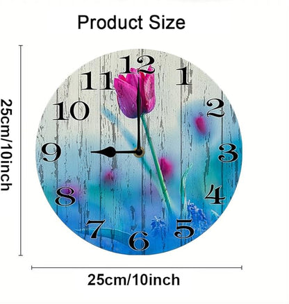 Purple Tulip Wall Clock 10 Inch Silent Non Ticking Battery Operated Wooden Modern Office Simple Minimalist Clock Decorative for Kitchen Home Bathroom Living Room