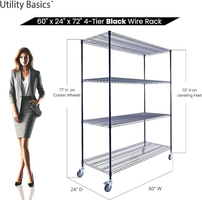 Utility Basics NSF Commercial 4-Tier Wire Shelving with Wheels, 60"x24"x72" Heavy Duty Metal Shelves 3200 lbs Max Capacity, Black Storage Rack for Garage Kitchen Pantry Warehouse