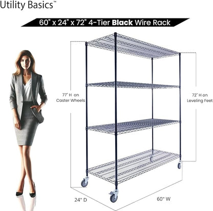Utility Basics NSF Commercial 4-Tier Wire Shelving with Wheels, 60"x24"x72" Heavy Duty Metal Shelves 3200 lbs Max Capacity, Black Storage Rack for Garage Kitchen Pantry Warehouse