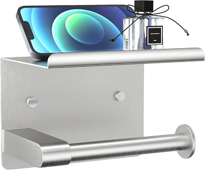 GLNLQ Brushed Nickel Toilet Paper Holder Wall Mount, Fits Mega Rolls Size Sliver Toilet Paper Holder with Shelf, Rustproof Stainless Steel Toilet Paper Roll Holder, Toilet Tissue Holder for Bathroom