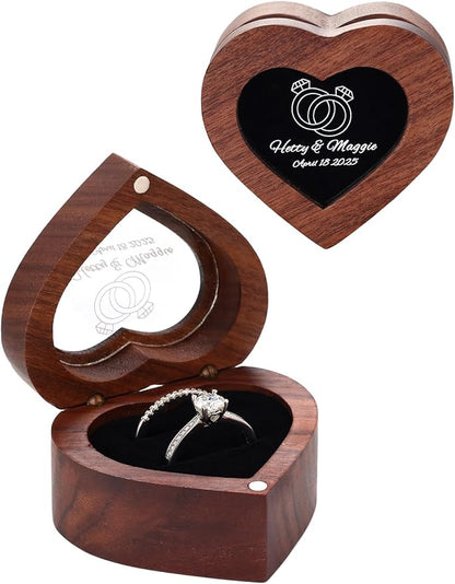 Custom4U Personalized Wedding Ring Box for Proposal Double Slots Rustic Wooden Ring Case Custom Name Jewelry Box for Engagement
