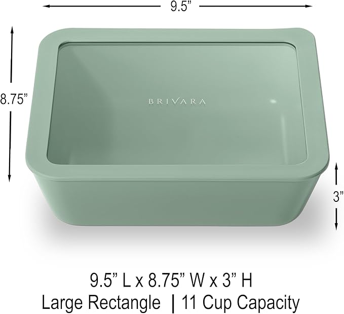 BRIVARA HOME Ceramic Coated Glass Food Storage Container | No PTFE, PFOA, PFAS, and BPA | Reusable Non Toxic Meal Prep Container with Glass Lid | Easy To Store | 11 Cup Rectangle [Willow]