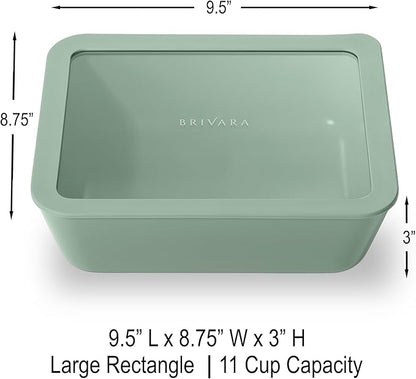 BRIVARA HOME Ceramic Coated Glass Food Storage Container | No PTFE, PFOA, PFAS, and BPA | Reusable Non Toxic Meal Prep Container with Glass Lid | Easy To Store | 11 Cup Rectangle [Willow]