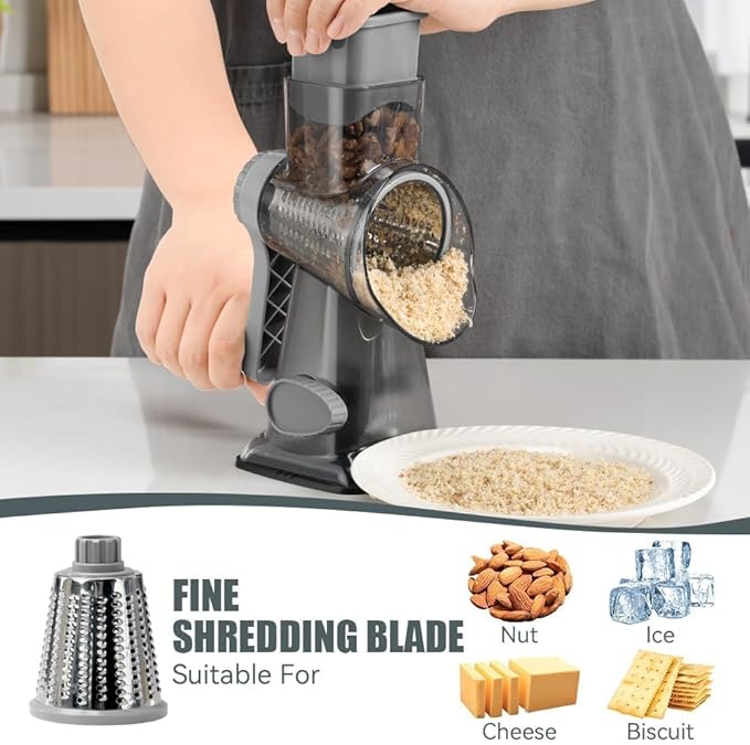 KEOUKE Rotary Cheese Grater Pro 6 in 1 - Shredder Crinkle Slicer Grinder Ice Shaver, Stable Suction, Time-saving Easy Use & Clean, Safe Morden Kitchen Tool for Cheese, Vegetable, Nuts, Chocolate