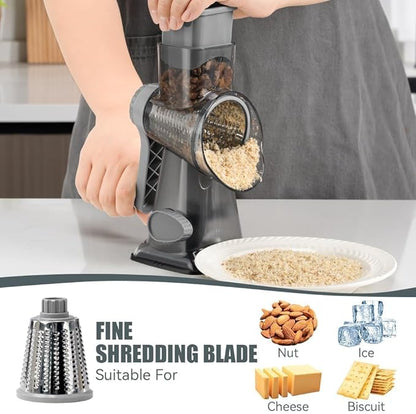 KEOUKE Rotary Cheese Grater Pro 6 in 1 - Shredder Crinkle Slicer Grinder Ice Shaver, Stable Suction, Time-saving Easy Use & Clean, Safe Morden Kitchen Tool for Cheese, Vegetable, Nuts, Chocolate