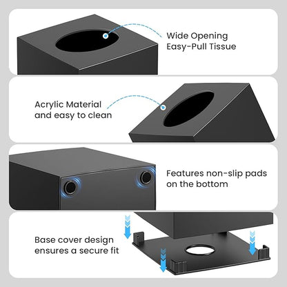 2 Pack Tissue Box Cover Black, Square Acrylic Tissue Holder, Decorative Facial Tissue Box Vessel Cube Paper Organizer Dispenser for Bathroom Office, Night Stand, Desk, Car, Vanity, Countertops