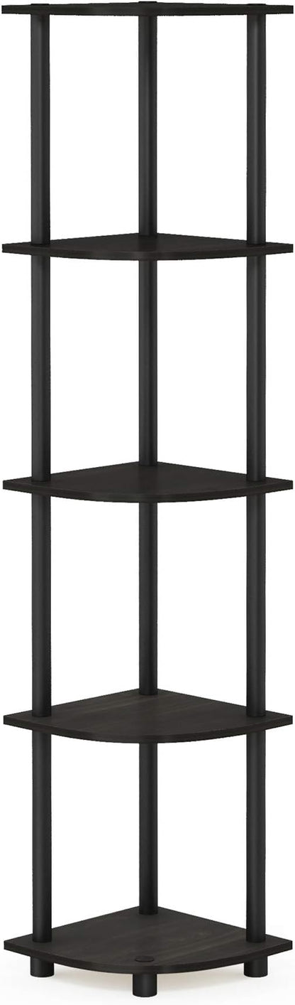 Furinno TURN-N-TUBE Corner Shelf, 5-Tier Corner Bookshelf, Open Storage Shelves, for Organization and Storage, Living Room, Home Office, Garage, Bedroom, Espresso