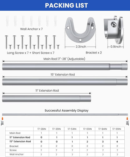 Supforce Closet Rods for Hanging Clothes, 17 to 84 Inches Stepless Adjustable Metal Closet Rod, 1.3 Inches Heavy Duty Clothes Hanging Rod for Closet Wardrobes Laundry RV, Silver