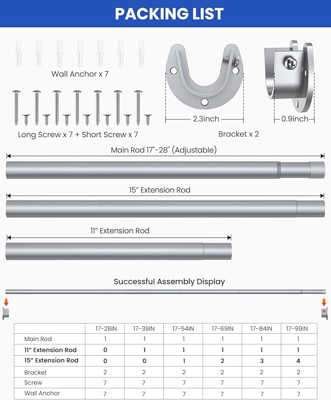 Supforce 2 Pack Closet Rods for Hanging Clothes, 17 to 54 Inches Stepless Adjustable Metal Closet Rod, 1.3 Inches Heavy Duty Clothes Hanging Rod for Closet Wardrobes Laundry RV, Silver