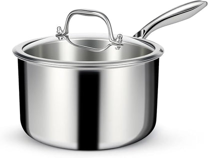 EWFEN 3 Ply Stainless Steel Saucepan with Lid, 3 Quart Multipurpose Cooking Pot, Stay-Cool Handle, Induction Oven Dishwasher Safe, 3 QT